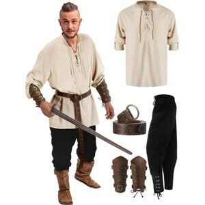 Men's Halloween Renaissance Costume Set Medieval Pirate Shirt Ankle Pants Viking